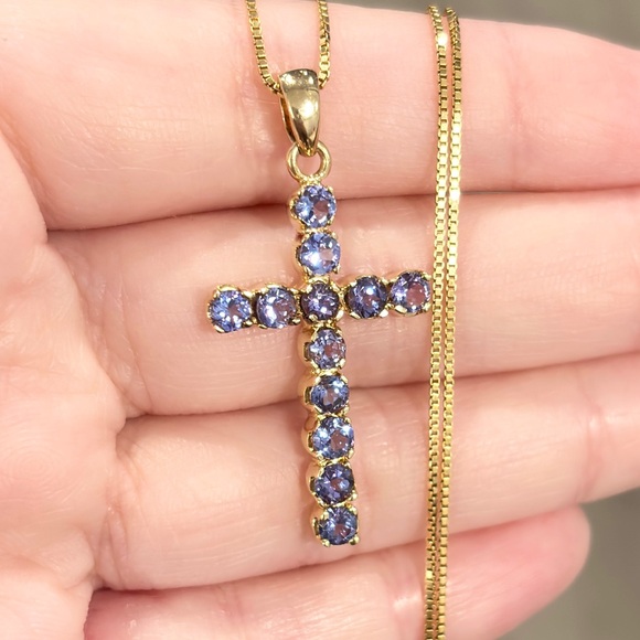 Vintage LeVian Tanzanite Cross Pendant: 14K Yellow Gold, Christian Jewelry - Picture 1 of 11